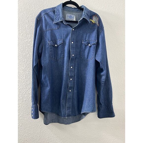 American Hero Authentic Mens Size XL Denim Long Sleeve Shirt Hand Painted Native - Picture 1 of 12